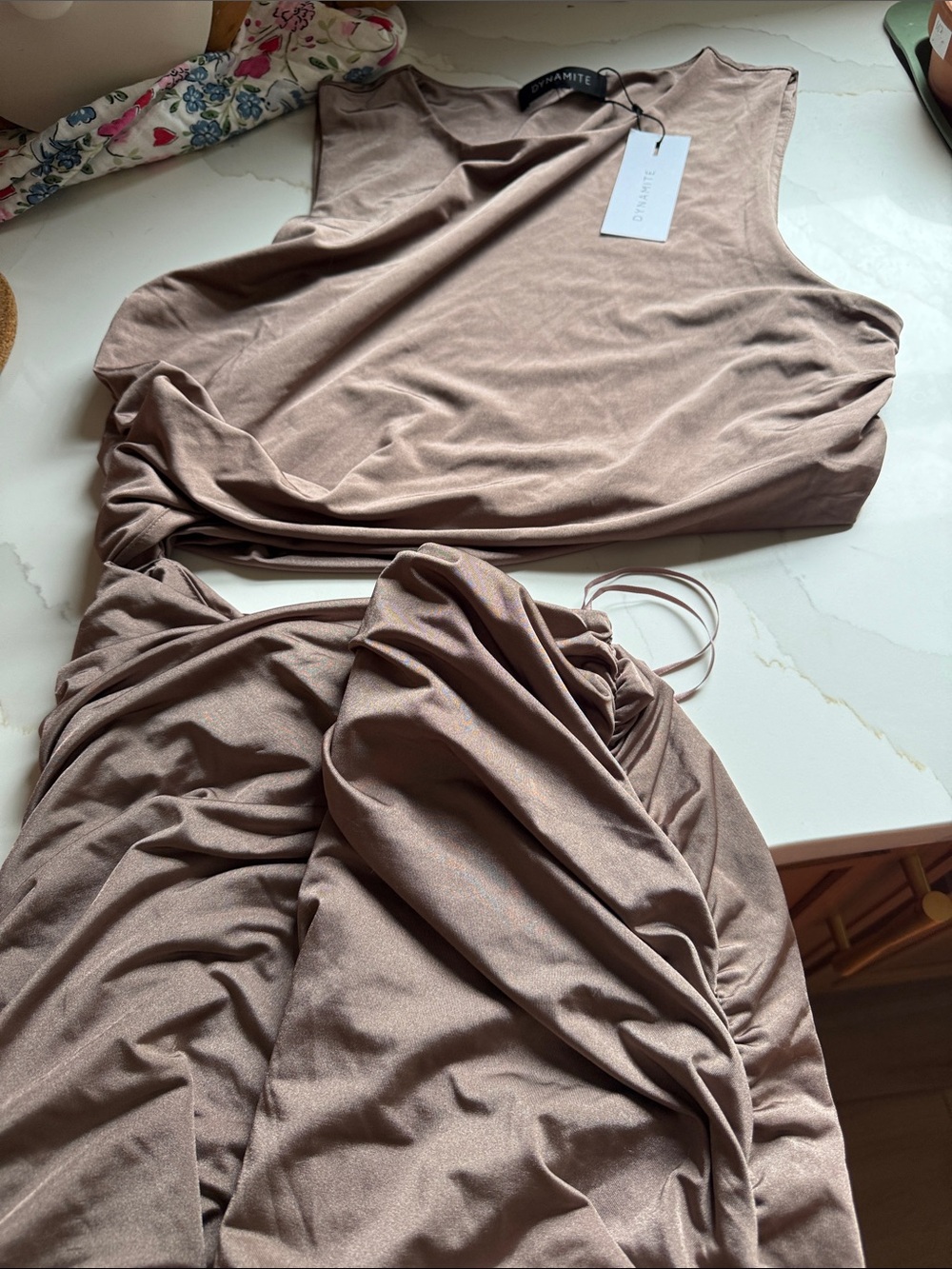 New large can fit xl Dynamite Taupe Ruched Crop Tank & Skirt Set dress